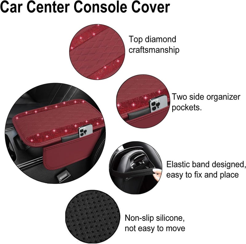 NBTEPEM Bling Burgundy Red Car Center Console Cover, Leather Car Arm Rest Cover with 2 Storage Bags, Universal Auto Armrest Protector Storage Box, Bling Accessories Interior for Most Vehicles - Image 3